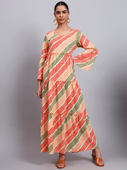 Women Printed Cotton Jalabiya with Bell Sleeves & Square Neckline-AL4050 Orange