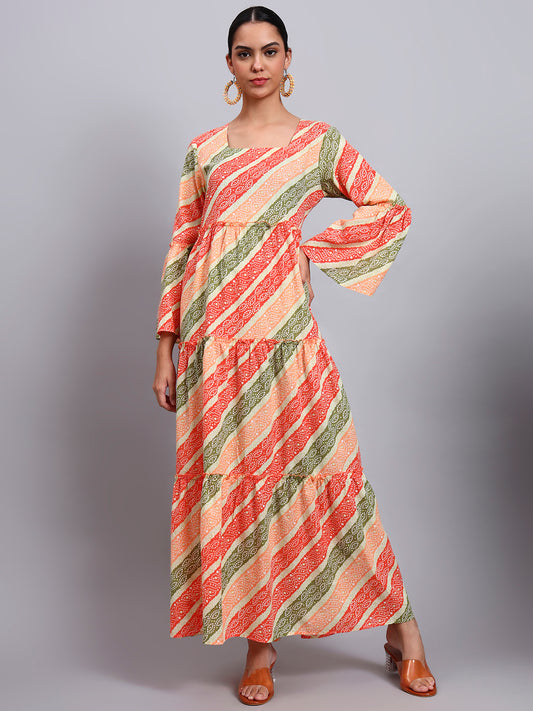 Women Printed Cotton Jalabiya with Bell Sleeves & Square Neckline-AL4050 Orange