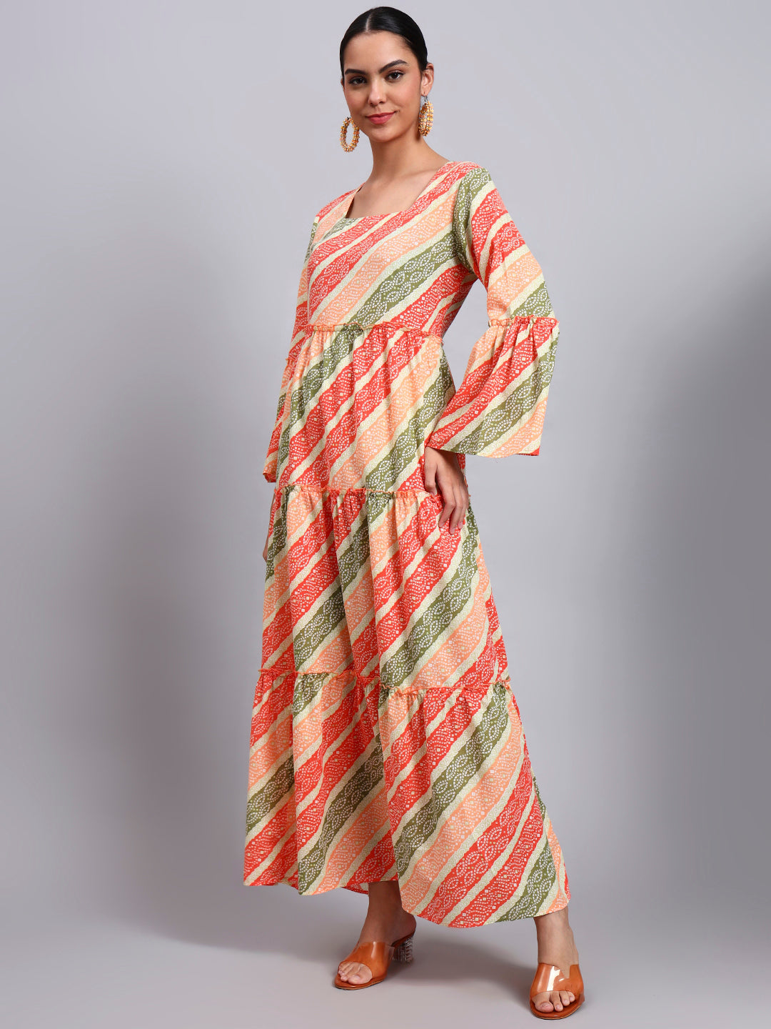 Women Printed Cotton Jalabiya with Bell Sleeves & Square Neckline-AL4050 Orange