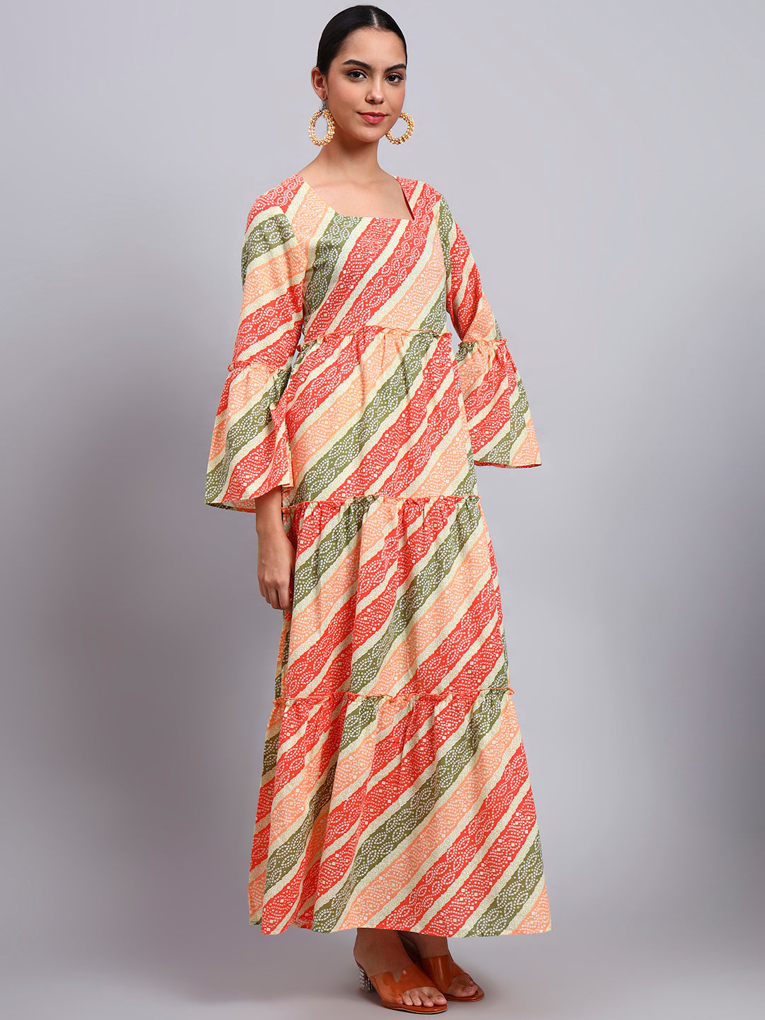 Women Printed Cotton Jalabiya with Bell Sleeves & Square Neckline-AL4050 Orange