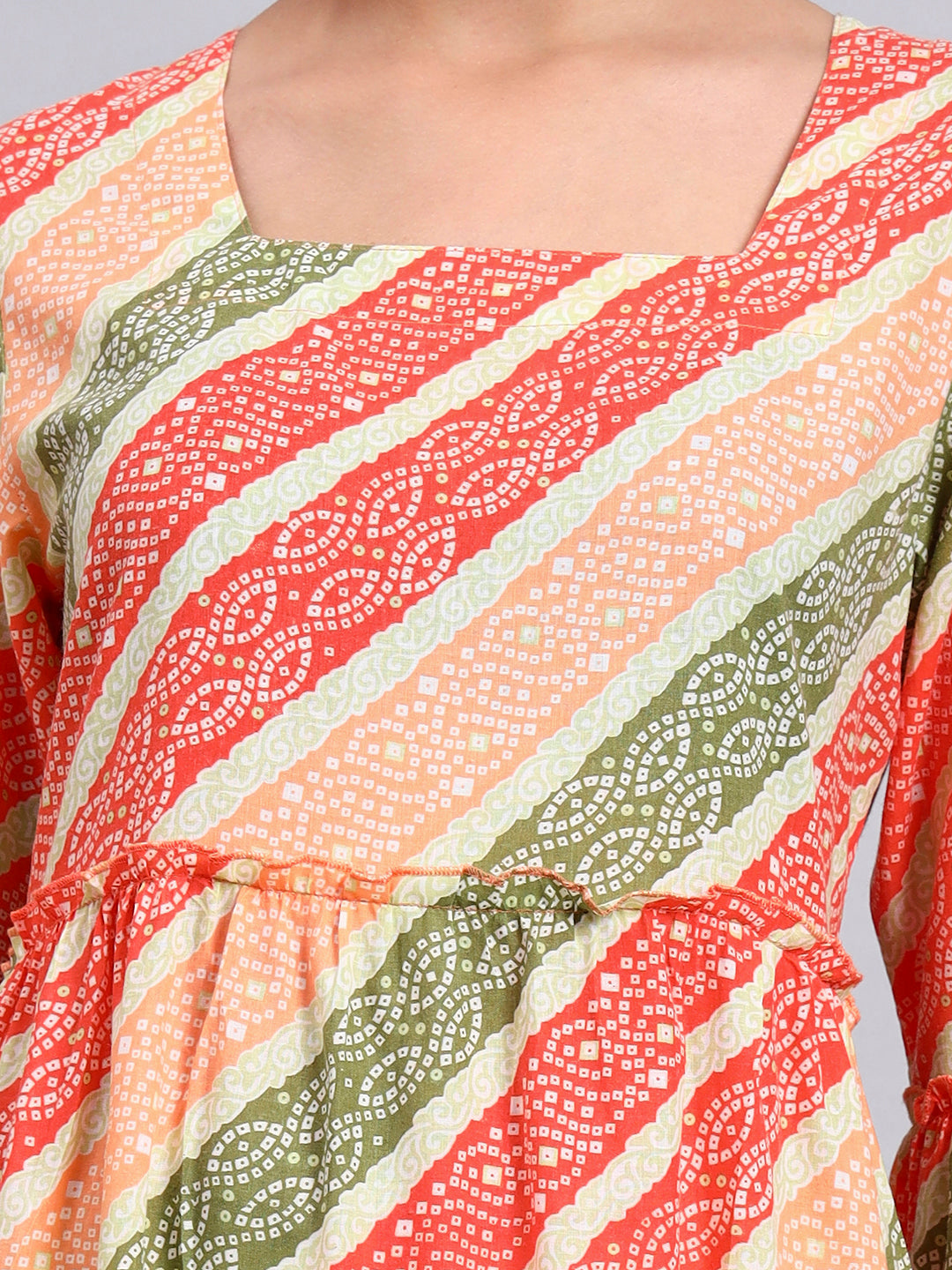 Women Printed Cotton Jalabiya with Bell Sleeves & Square Neckline-AL4050 Orange