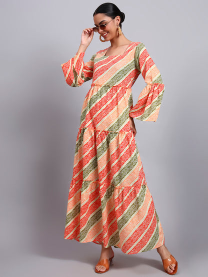 Women Printed Cotton Jalabiya with Bell Sleeves & Square Neckline-AL4050 Orange