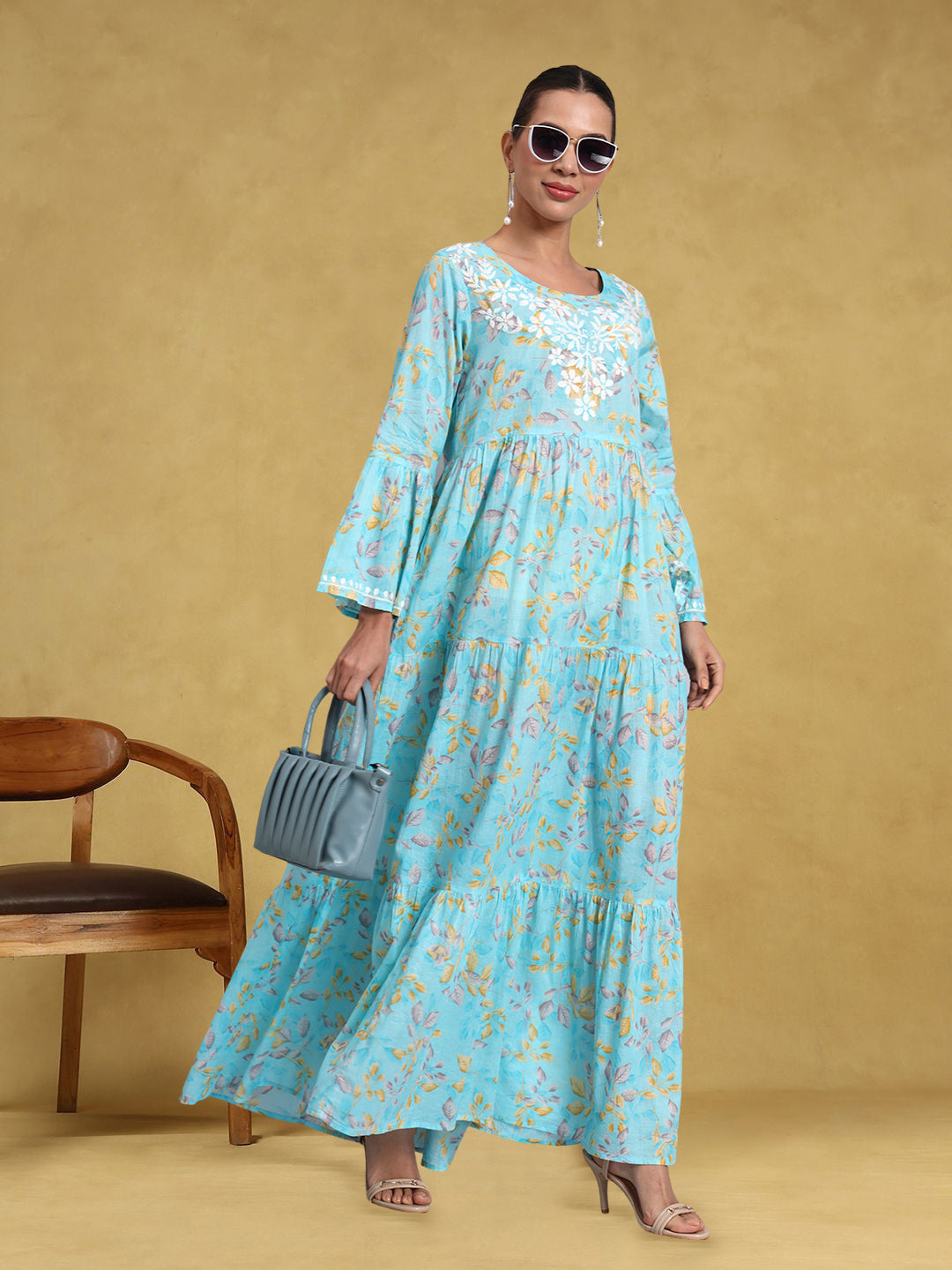 Hand Embroidered Chikankari A-Line Gathering Pattern Mulmul Cotton Jalabiya-AL3673A Blue