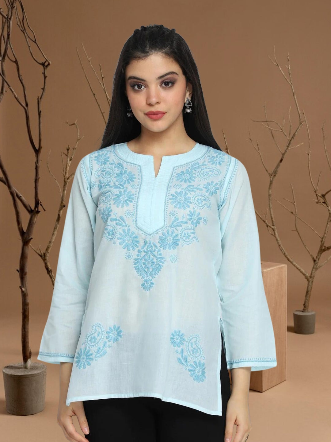 Hand Embroidered Chikankari Cotton Straight Kurti-AL3405 Skyblue