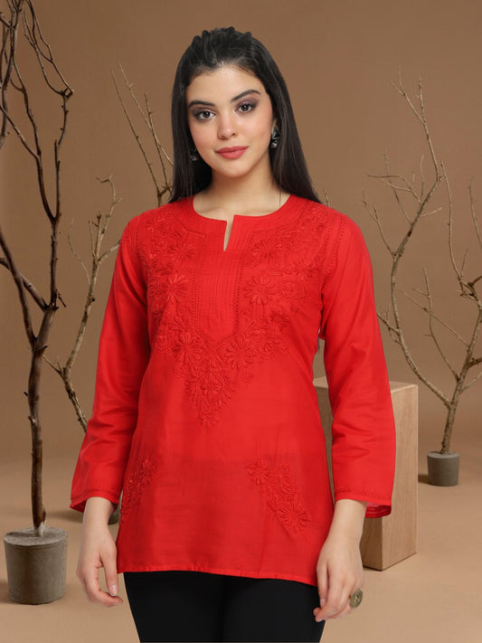 Hand Embroidered Chikankari Cotton Straight Kurti-AL3405 Red