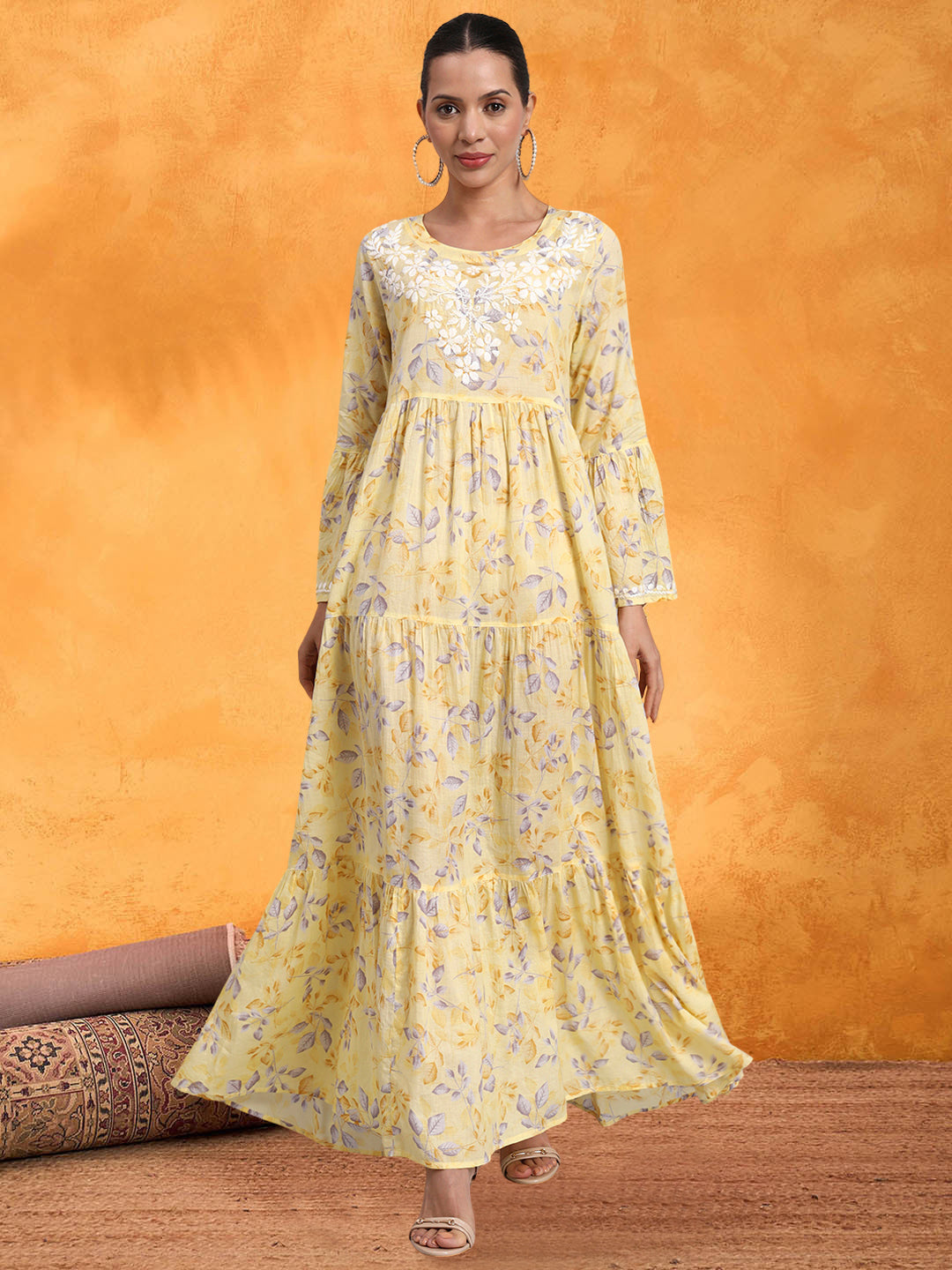 Hand Embroidered Chikankari A-Line Gathering Pattern Mulmul Cotton Jalabiya-AL3673A Yellow