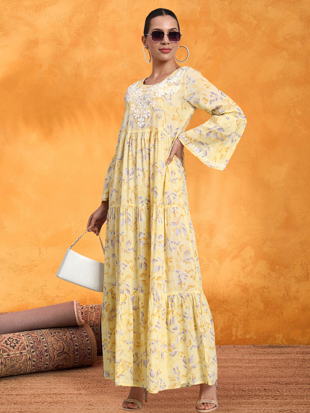 Hand Embroidered Chikankari A-Line Gathering Pattern Mulmul Cotton Jalabiya-AL3673A Yellow