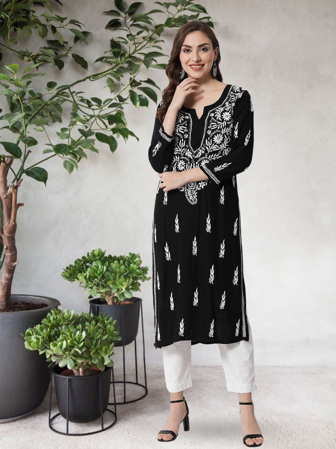 Hand Embroidered Chikankari Rayon Straight Kurta-AL3451 Black