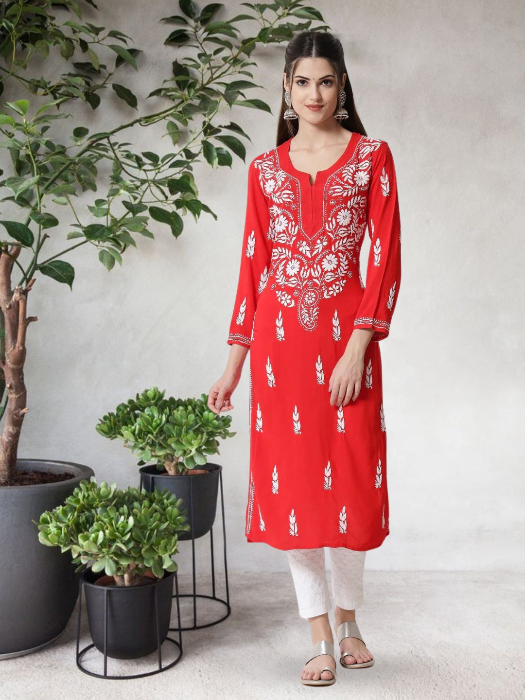 Hand Embroidered Chikankari Rayon Straight Kurta-AL3451 Red