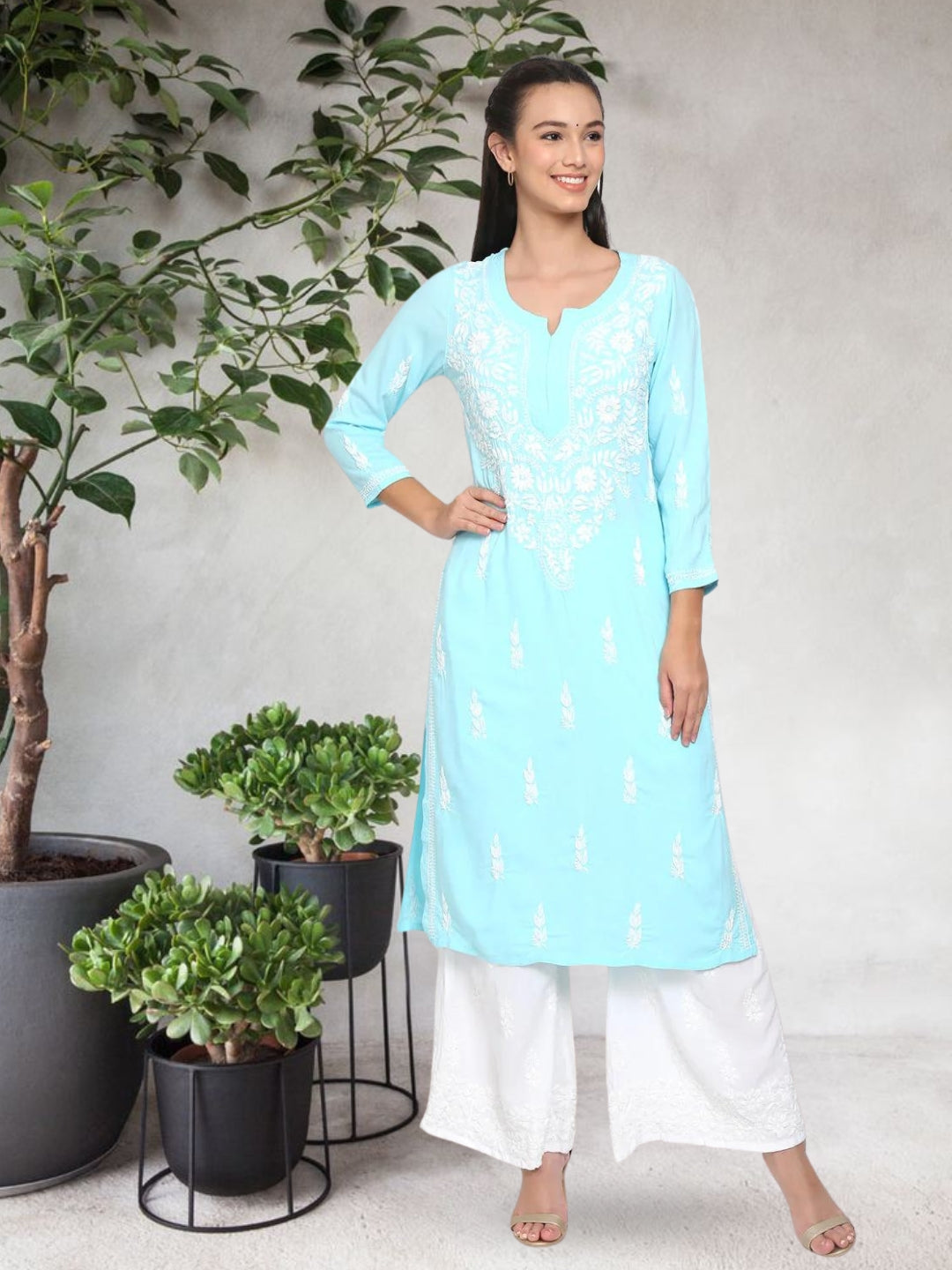 Hand Embroidered Chikankari Rayon Straight Kurta-AL3451 Blue