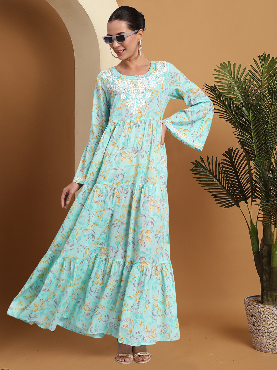Hand Embroidered Chikankari A-Line Gathering Pattern Mulmul Cotton Jalabiya-AL3673A Seagreen