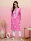 Hand Embroidered Chikankari Cotton Straight Kurta-AL3997 Dark Pink