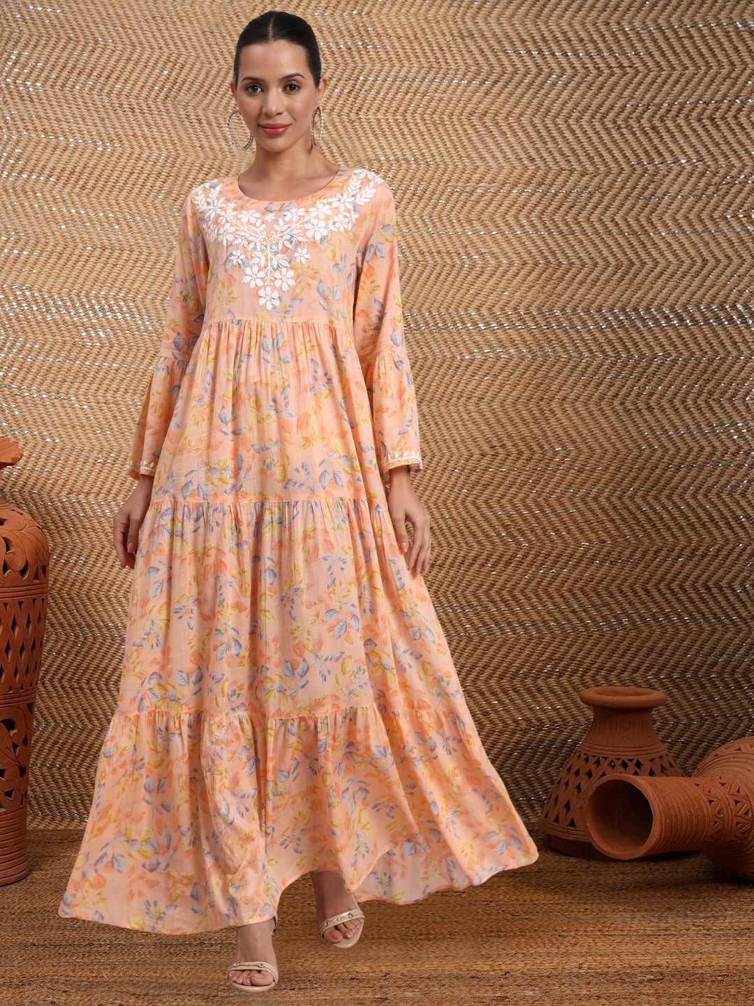 Hand Embroidered Chikankari A-Line Gathering Pattern Mulmul Cotton Jalabiya-AL3673A Peach