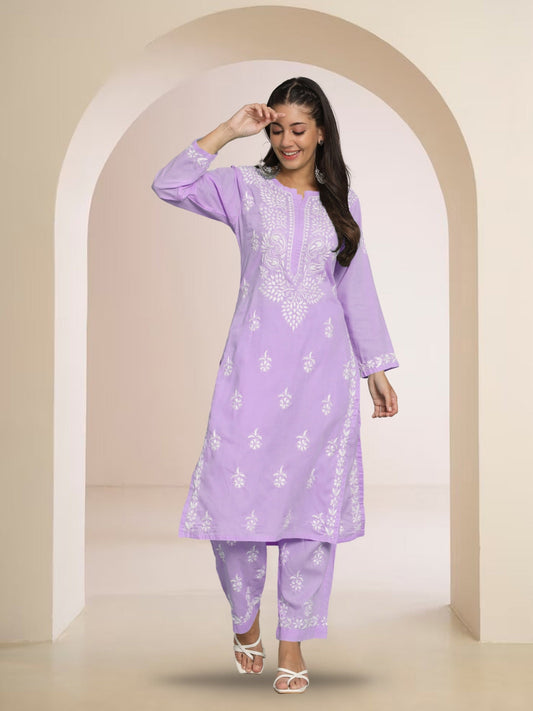 Women Hand Embroidered Chikankari Cotton Kurta Set-AL3674KS Lavender