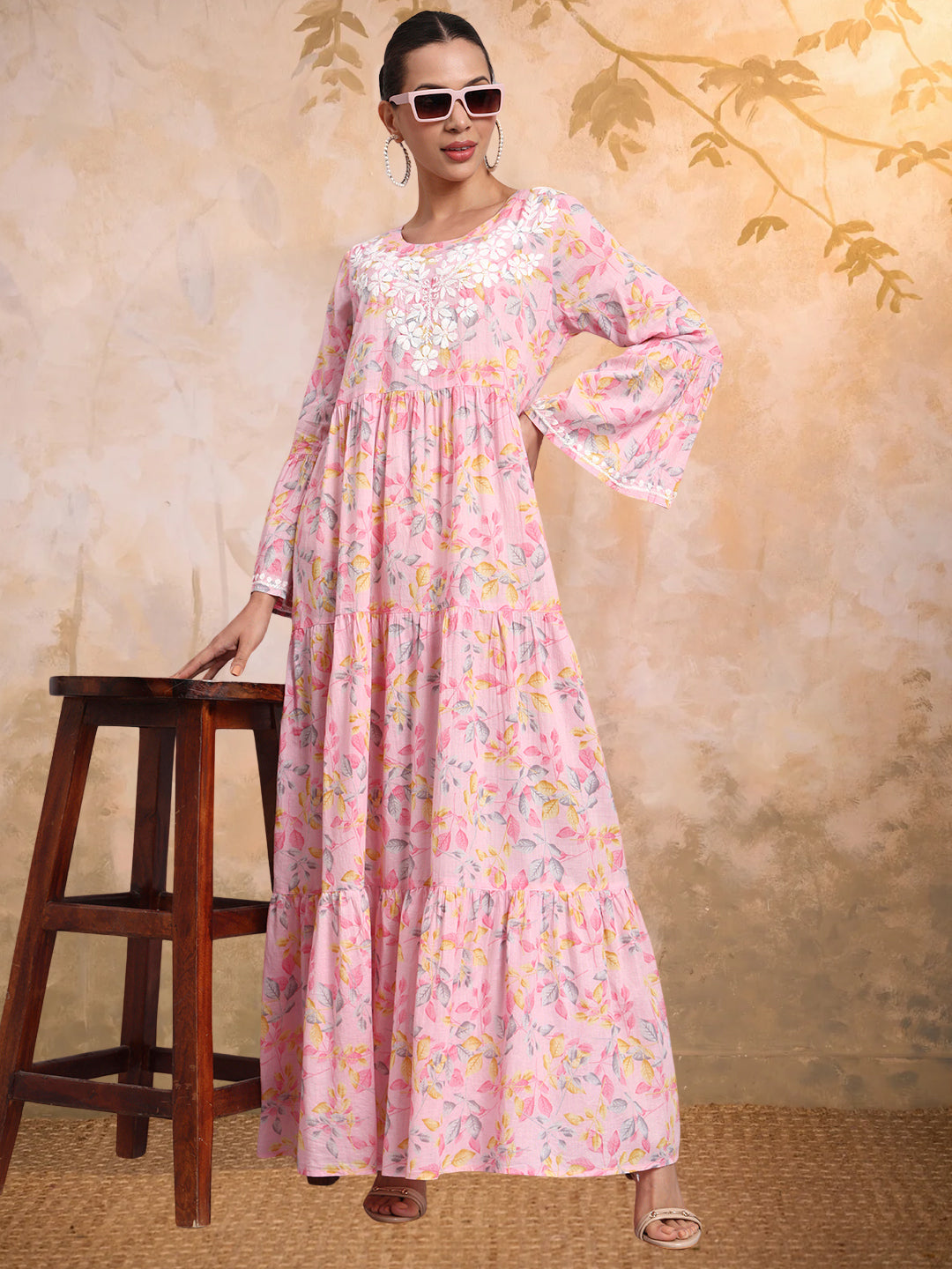 Hand Embroidered Chikankari A-Line Gathering Pattern Mulmul Cotton Jalabiya-AL3673A Pink