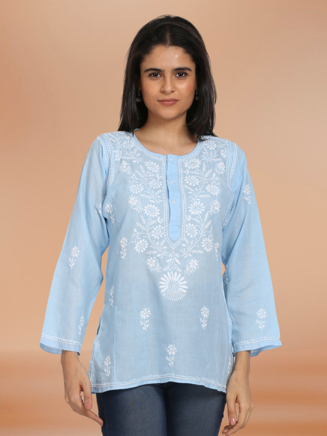 Women Hand Embroidered Chikankari Cotton Kurti-ALSTV115 Denimblue