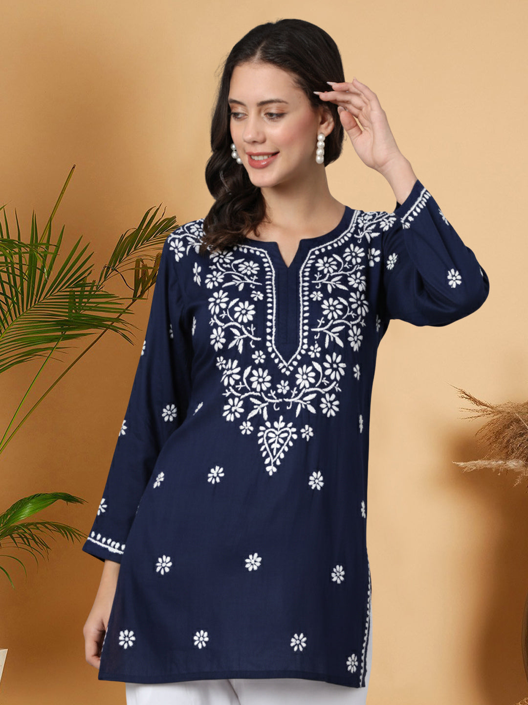 Women Hand Embroidered Modal Chikankari Kurti-AL3611 Navy