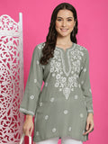 Women Hand Embroidered Modal Chikankari Kurti-AL3611 Smoke Grey