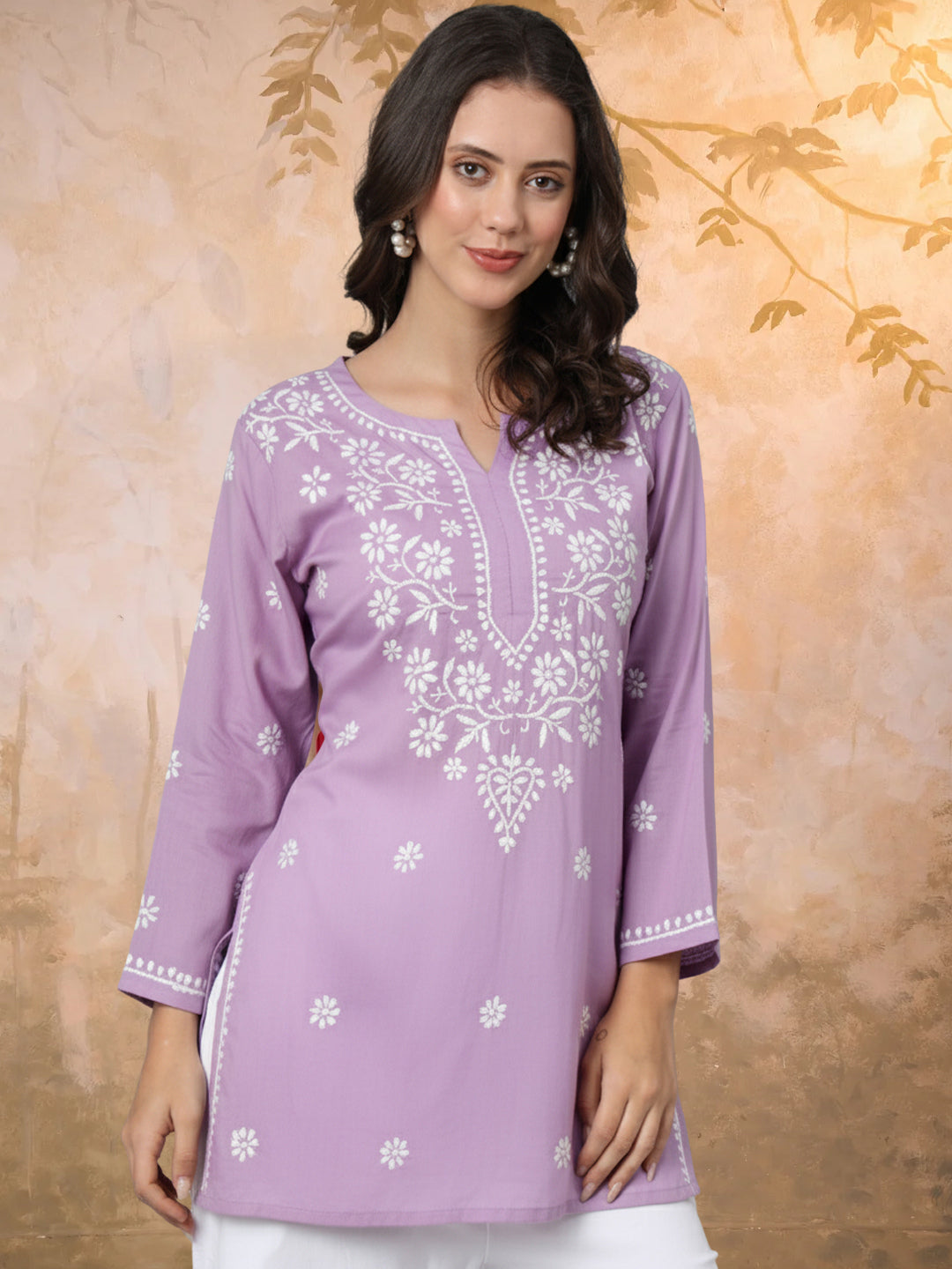 Women Hand Embroidered Modal Chikankari Kurti-AL3611 Lavender