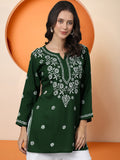 Women Hand Embroidered Modal Chikankari Kurti-AL3611 Bottle Green