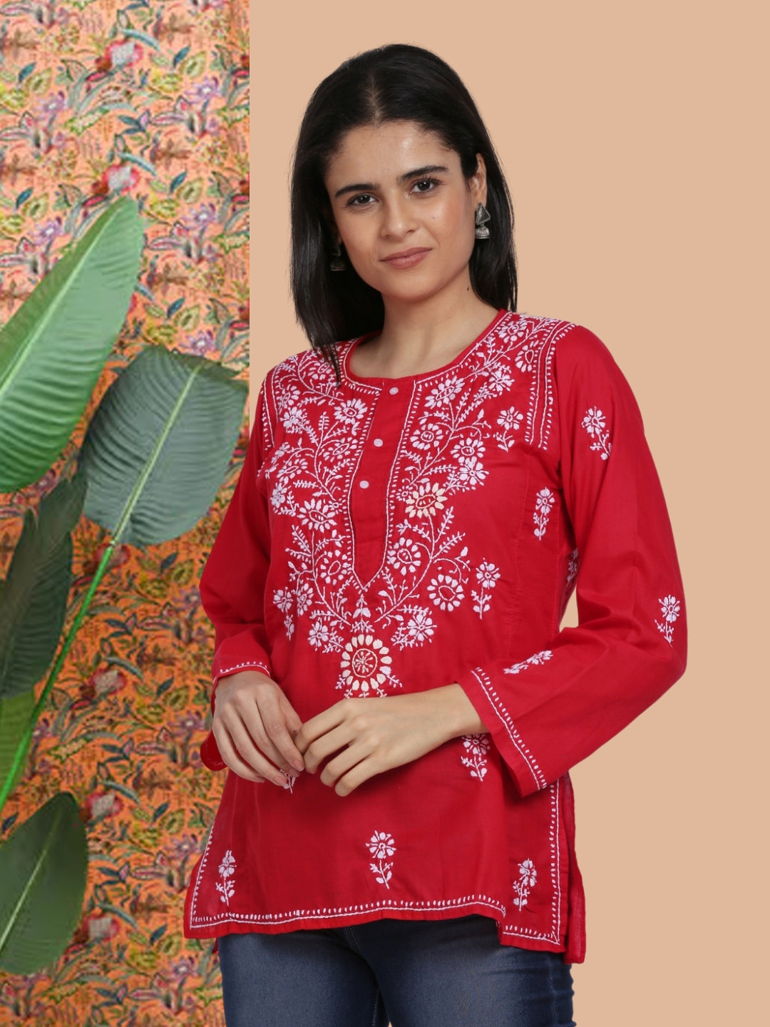 Women Hand Embroidered Chikankari Cotton Kurti-ALSTV115 Red