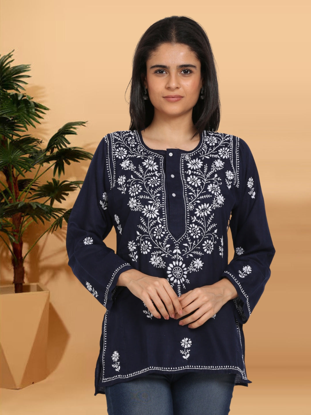 Women Hand Embroidered Chikankari Cotton Kurti-ALSTV115 Navy