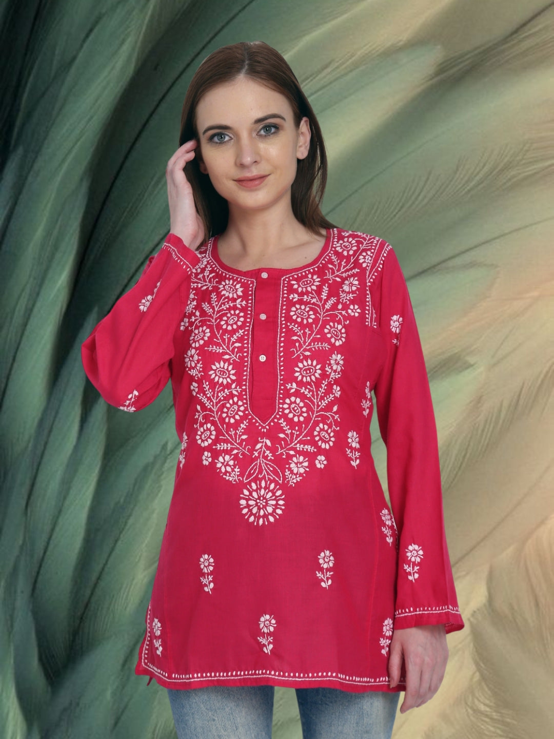 Women Hand Embroidered Chikankari Cotton Kurti-ALSTV115 Magenta