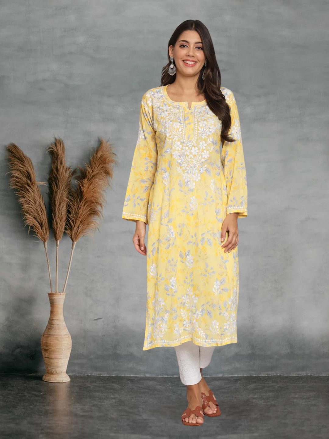 Hand Embroidered Chikan Printed Mulmul Cotton Straight Kurta-AL3680 Yellow