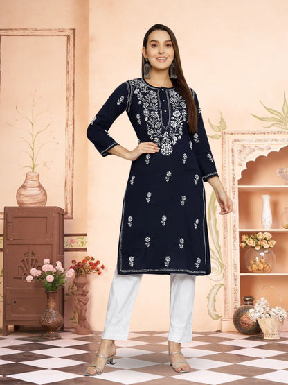 Hand Embroidered Chikankari Cotton Straight Kurti-ALNTV115