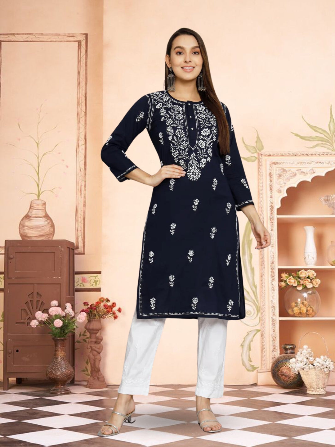 Hand Embroidered Chikankari Cotton Straight Kurta -ALNTV115 Navy