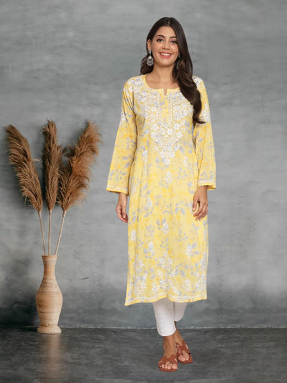 Hand Embroidered Chikan Printed Mulmul Cotton Straight Kurta-AL3680