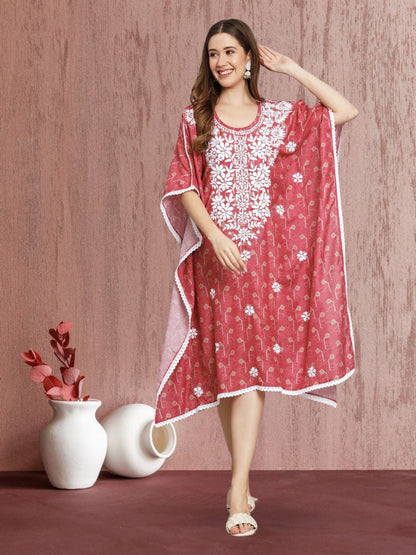 Hand Embroidered Chikankari Floral Print Cotton Midi Kaftan-AL3647