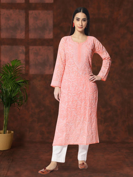 Women Hand Embroidered Chikankari Cotton Straight Kurta- AL3592 Darkpeach