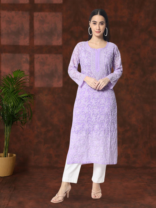 Women Hand Embroidered Chikankari Cotton Straight Kurta- AL3592 Lavender