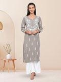 Hand Embroidered Chikankari Rayon Straight Kurta-AL3451 Grey