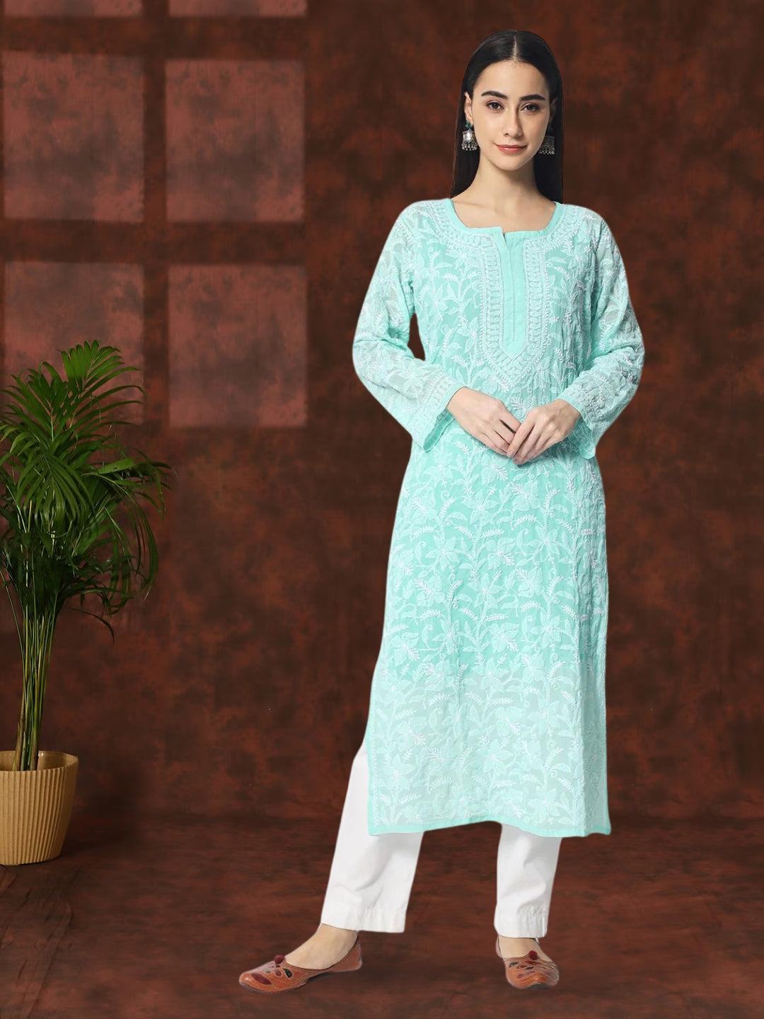 Women Hand Embroidered Chikankari Cotton Straight Kurta- AL3592 Lavender