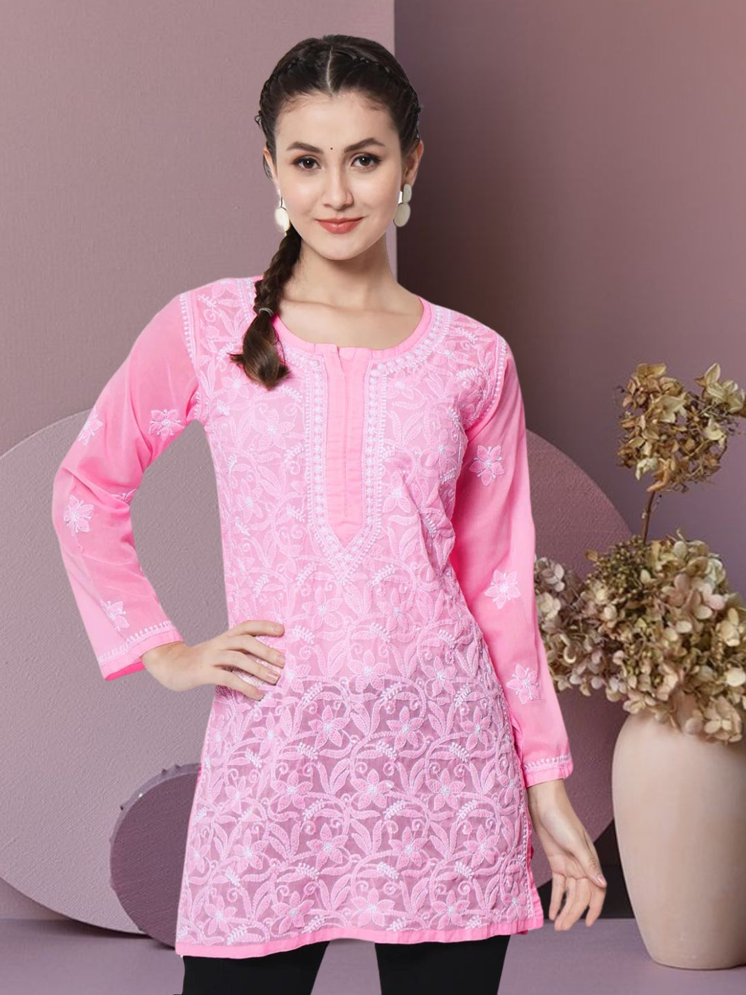 Hand Embroidered Chikankari Cotton Straight Tunic-AL3591 Darkpink