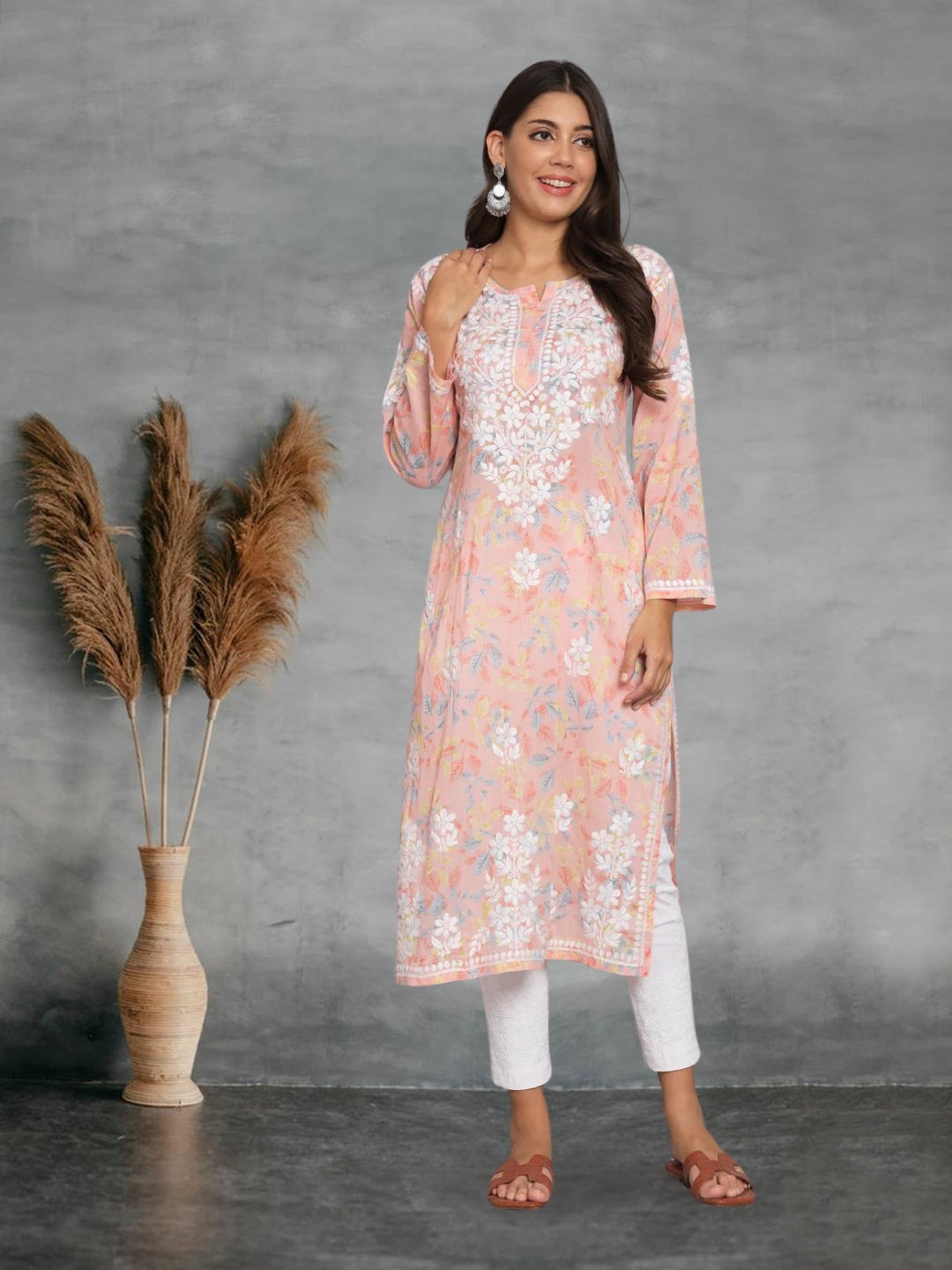 Hand Embroidered Chikan Printed Mulmul Cotton Straight Kurta-AL3680 Peach