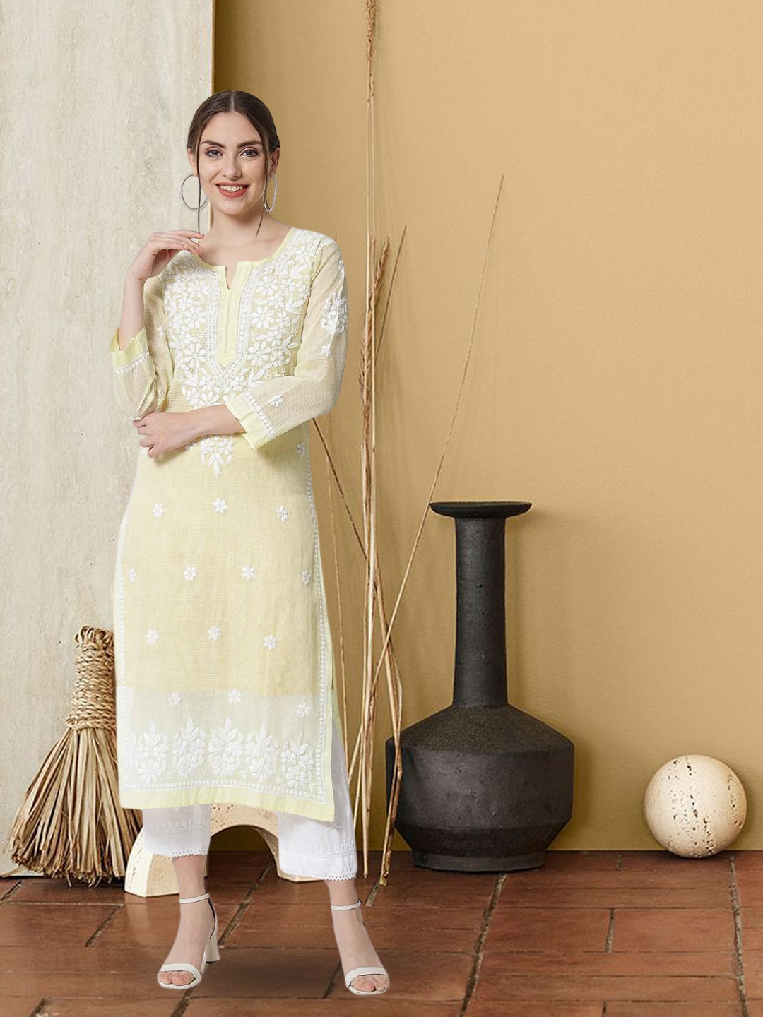 Hand Embroidered Chikankari Kota Straight Kurta With Slip-AL3540 Yellow