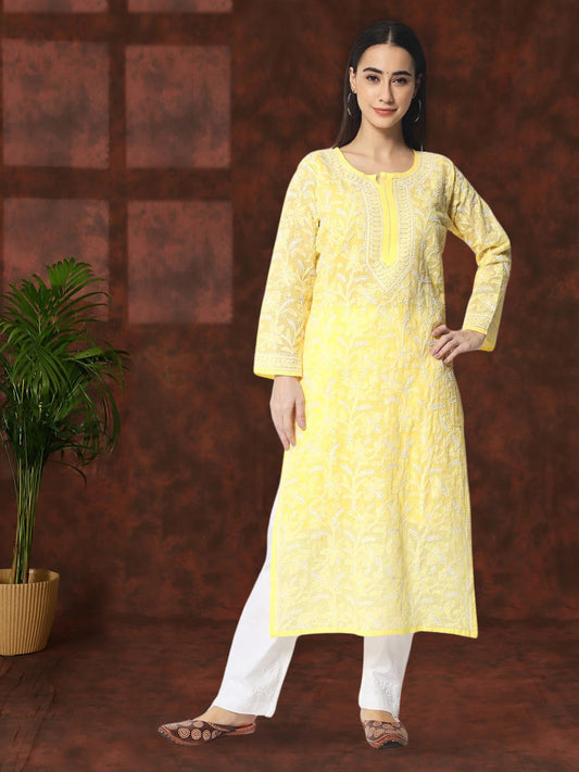 Women Hand Embroidered Chikankari Cotton Straight Kurta- AL3592 Mustard
