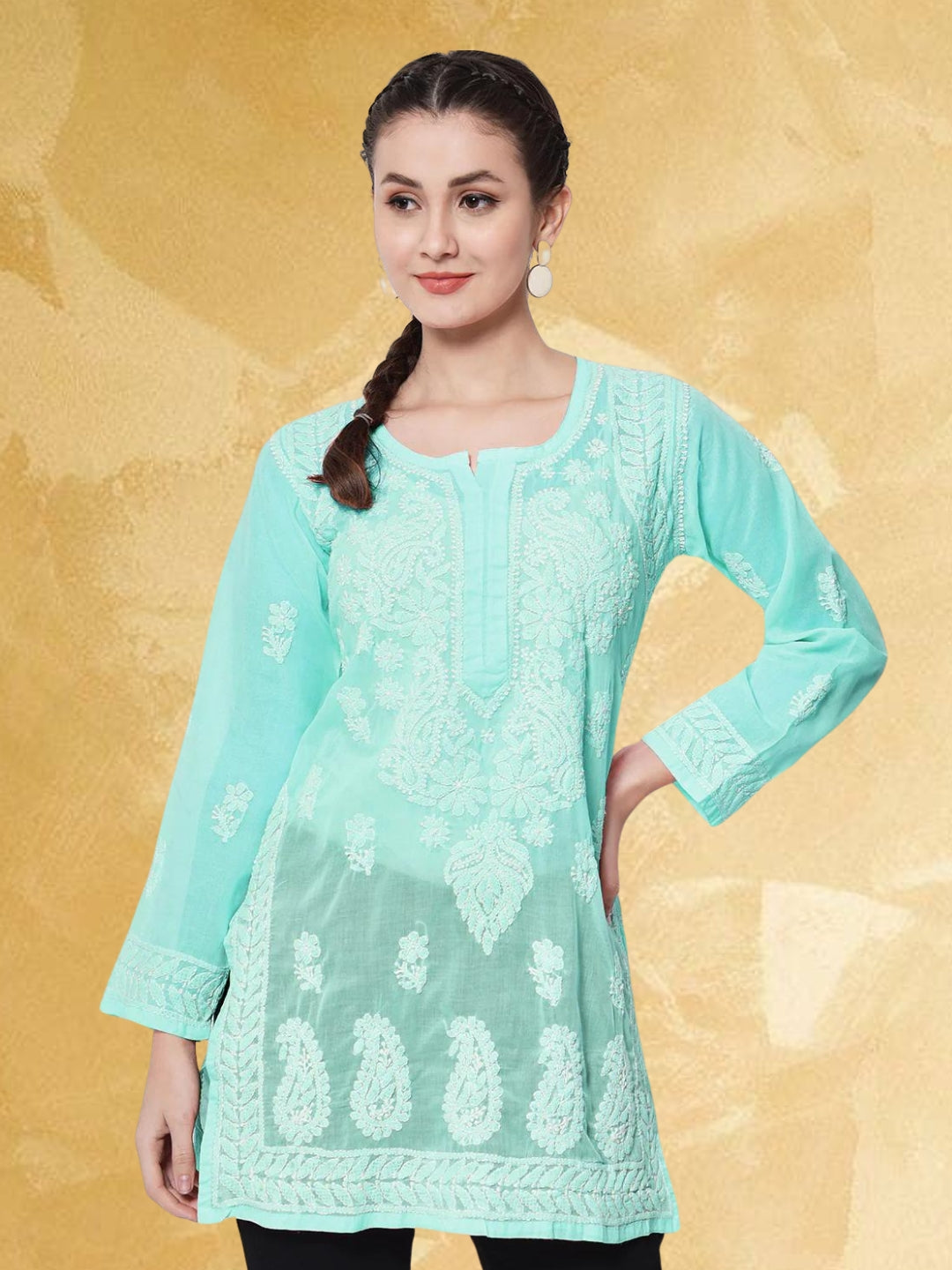 Hand Embroidered Chikankari Cotton Straight Kurti-AL3595 Darkseagreen