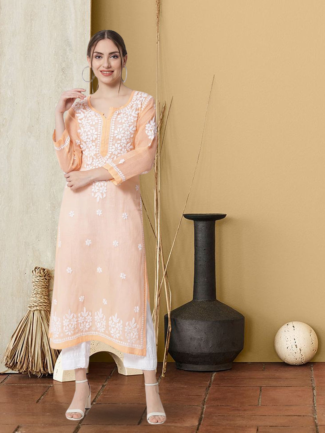 Hand Embroidered Chikankari Kota Straight Kurta With Slip-AL3540 Peach