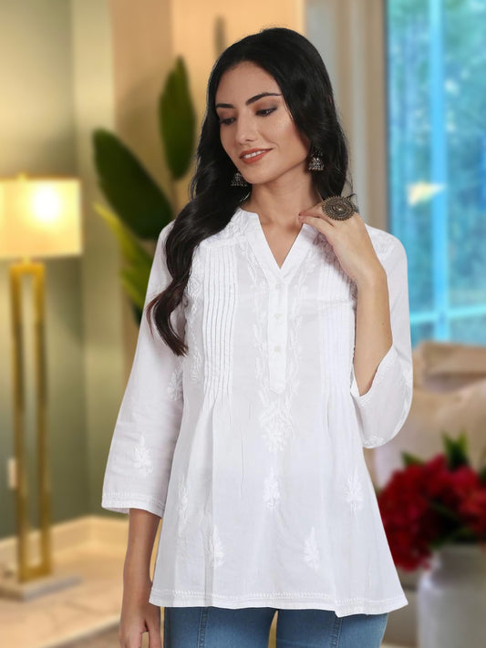 Hand Embroidered Chikankari Cotton A-Line Tunic-AL1958S