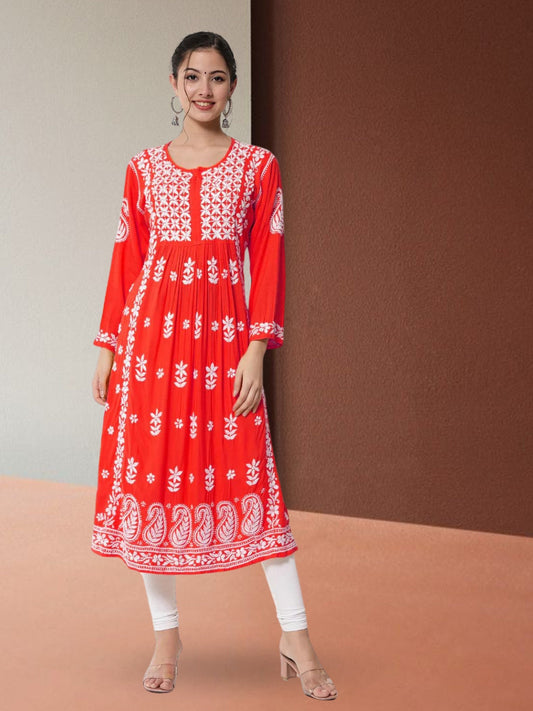 Women Hand Embroidered Chikankari Rayon Kurta-AL3549 Red