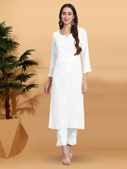 Women Hand Embroidered Chikankari Rayon Kurta set-AL3451KS White