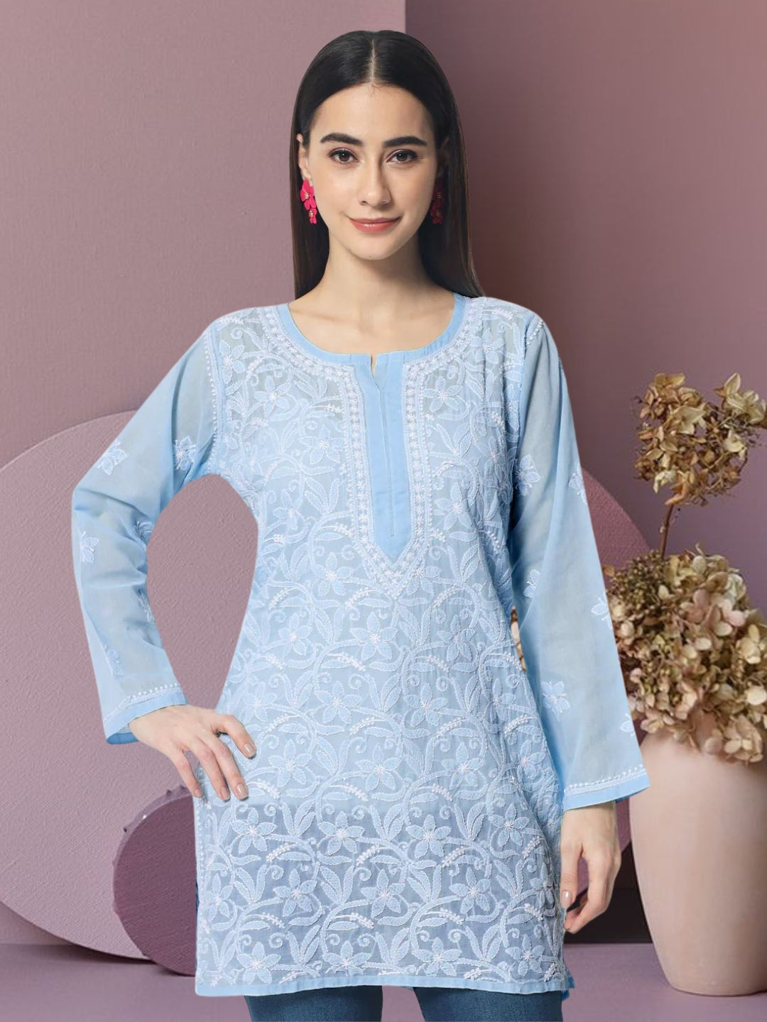Hand Embroidered Chikankari Cotton Straight Tunic-AL3591 Blue