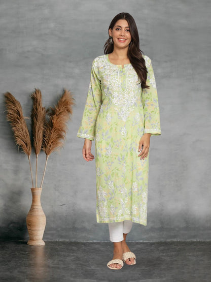 Hand Embroidered Chikan Printed Mulmul Cotton Straight Kurta-AL3680