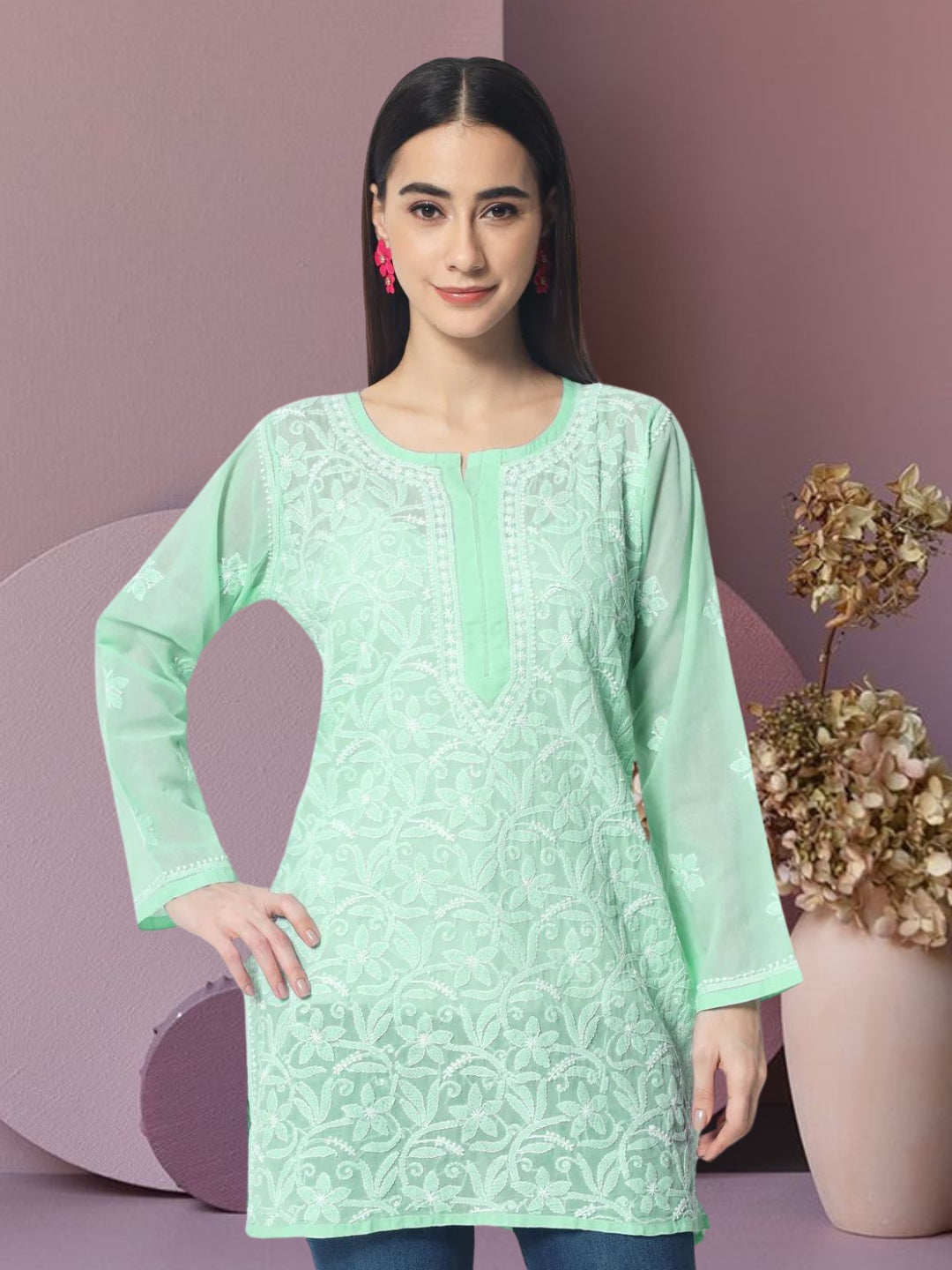 Hand Embroidered Chikankari Cotton Straight Tunic-AL3591 Green