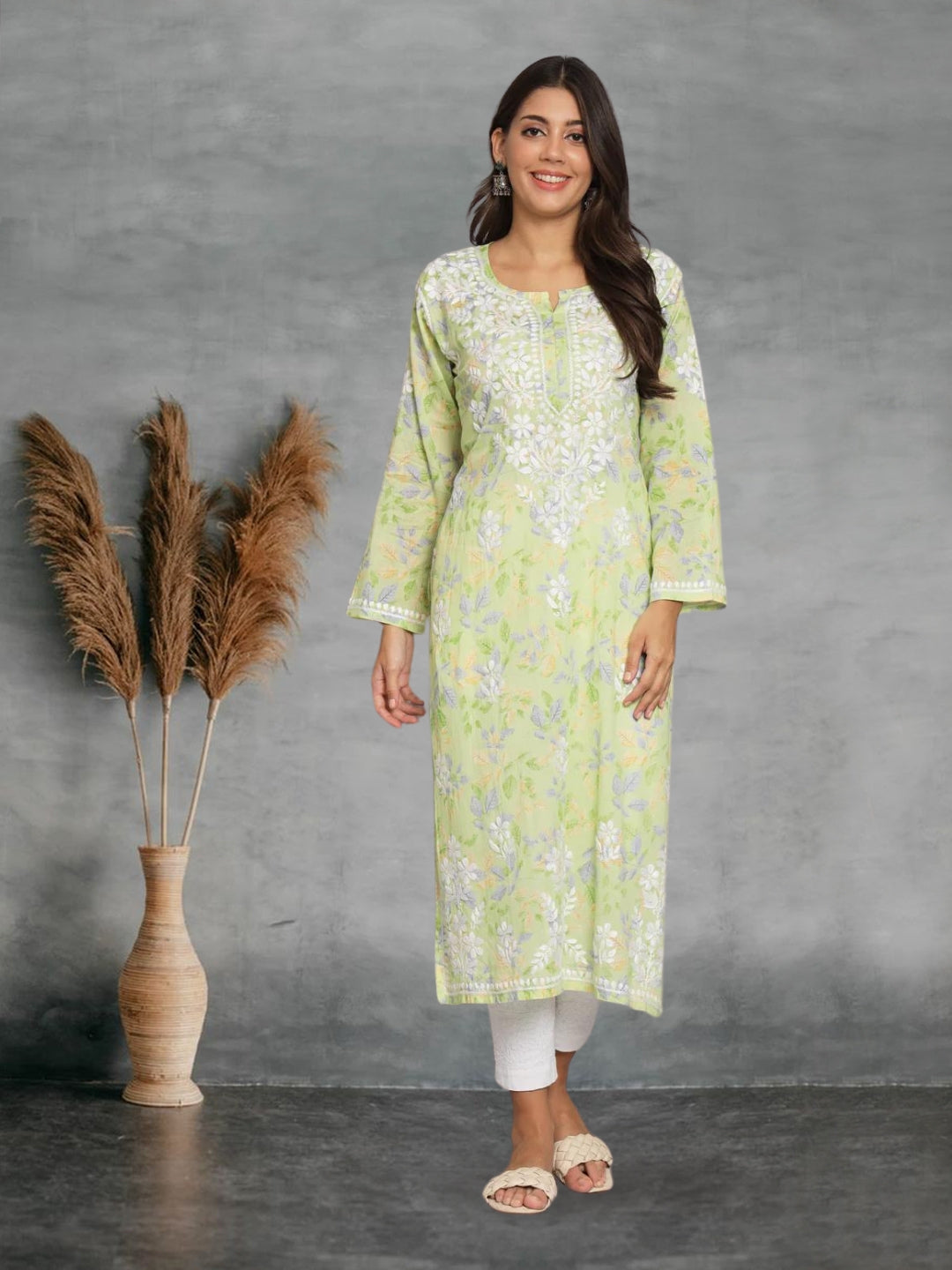 Hand Embroidered Chikan Printed Mulmul Cotton Straight Kurta-AL3680 Green