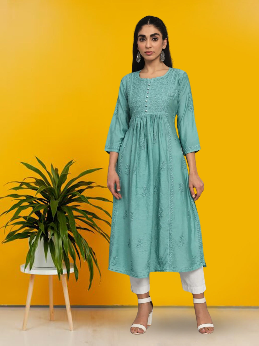 Hand embroidered floral pleated chikankari kurta AL3608 Green